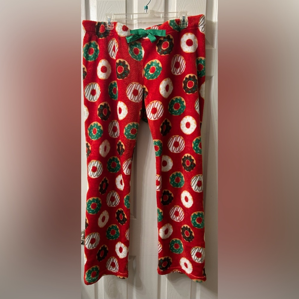 Festive Red Christmas Pajama Pants with donut designs